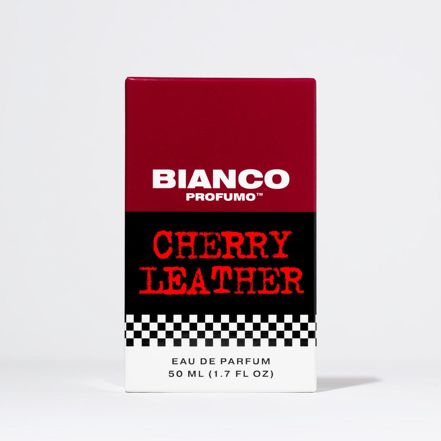Bianco Profumo Cherry Leather with notes of Bitter Fennel, Star Anise, Black Pepper, Saffron, Ambrette Seed, Cherry, Bitter Almond, Guaiacwood, Pine Tar, Suede, Amber, Oakwood, Moss, and Musk. Bottle on clean white background.