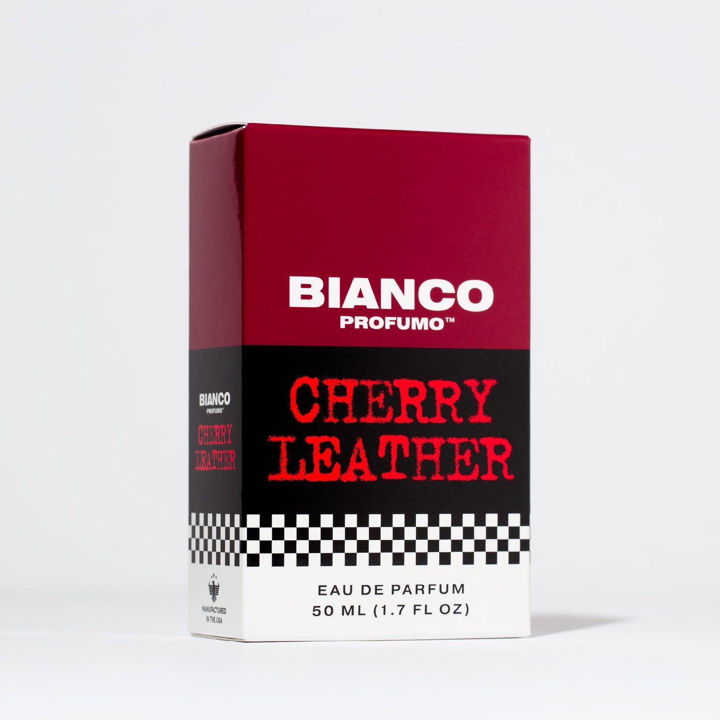 Bianco Profumo Cherry Leather with notes of Bitter Fennel, Star Anise, Black Pepper, Saffron, Ambrette Seed, Cherry, Bitter Almond, Guaiacwood, Pine Tar, Suede, Amber, Oakwood, Moss, and Musk. Bottle on clean white background.