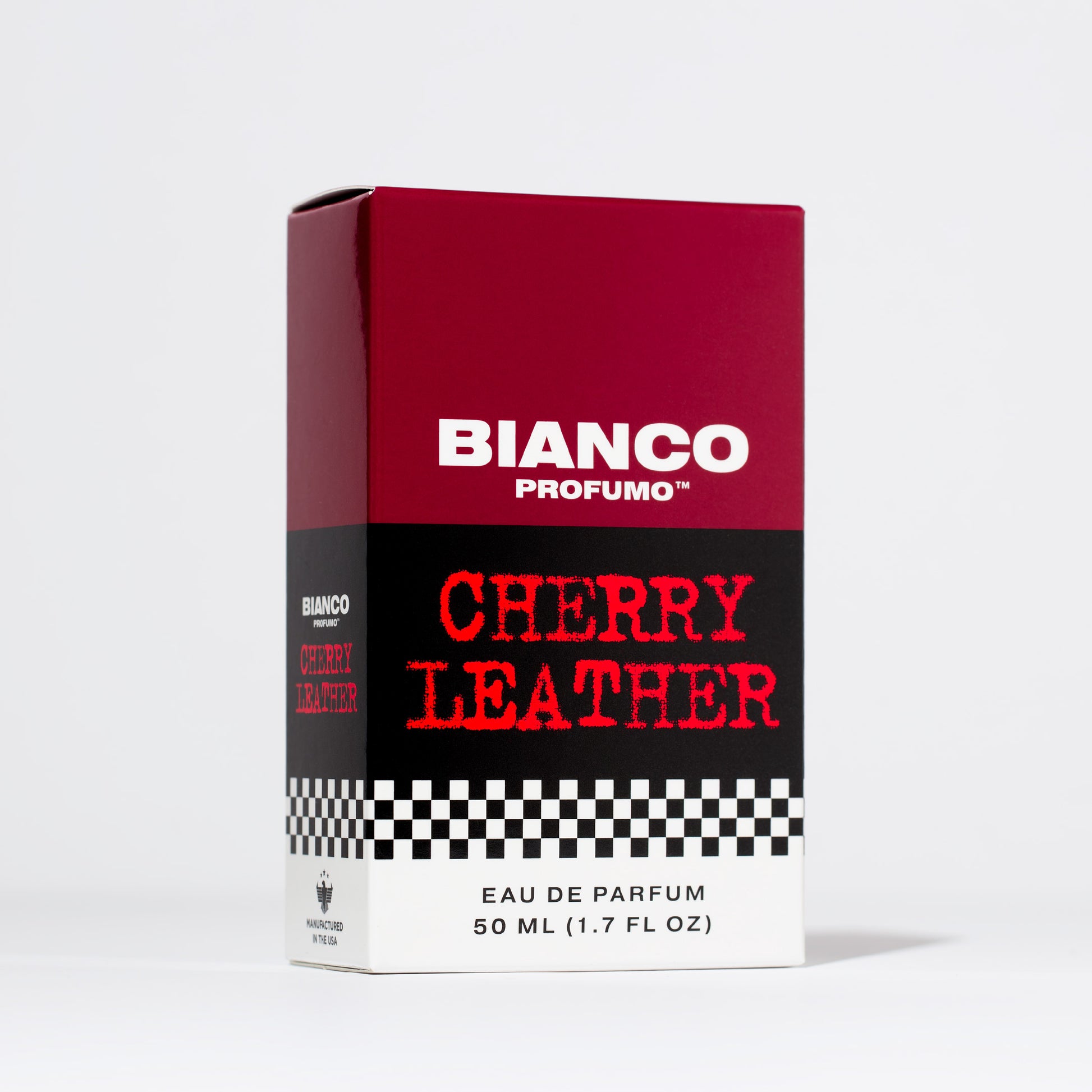 Bianco Profumo Cherry Leather with notes of Bitter Fennel, Star Anise, Black Pepper, Saffron, Ambrette Seed, Cherry, Bitter Almond, Guaiacwood, Pine Tar, Suede, Amber, Oakwood, Moss, and Musk. Bottle on clean white background.