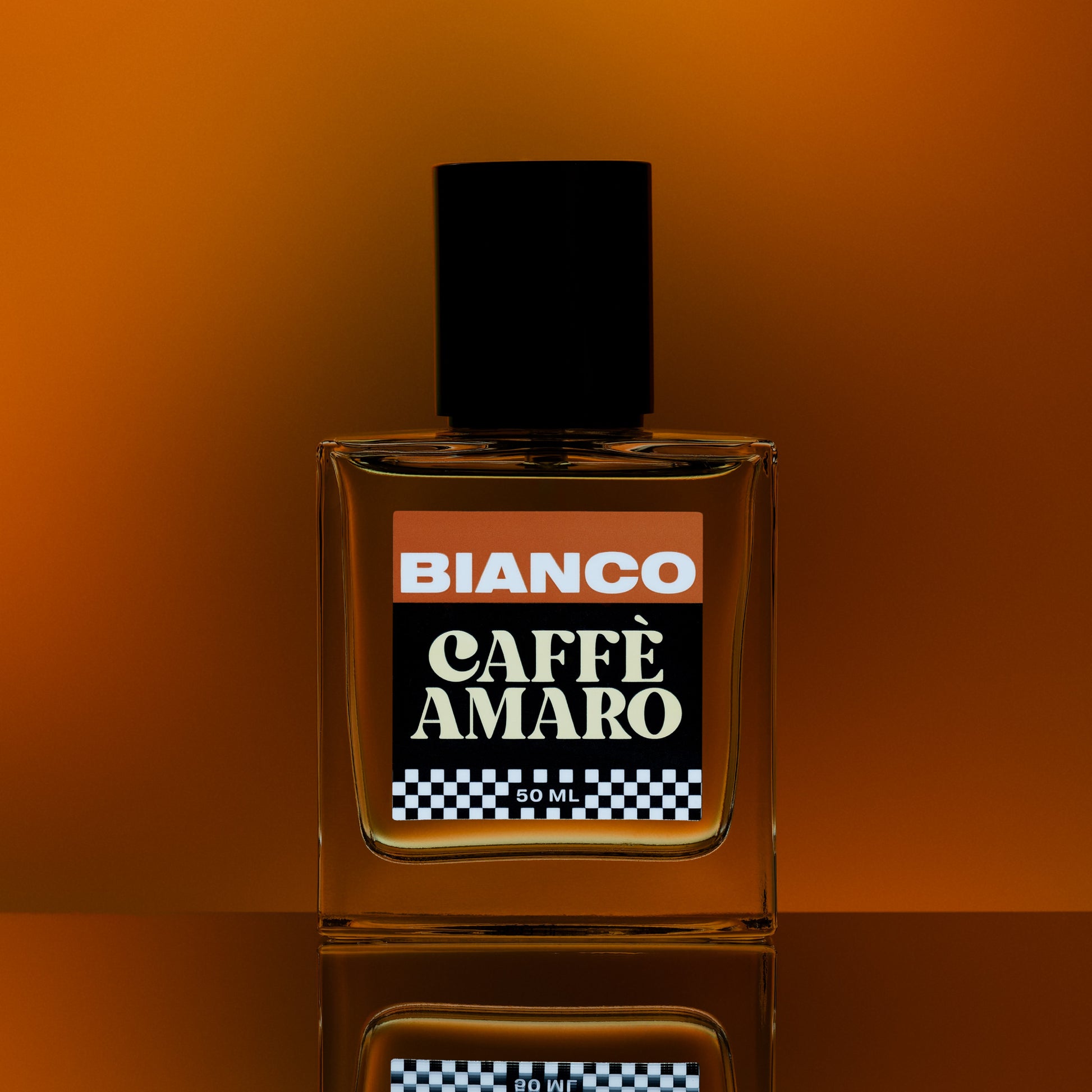 Bottle of Bianco Caffè Amaro on an orange background