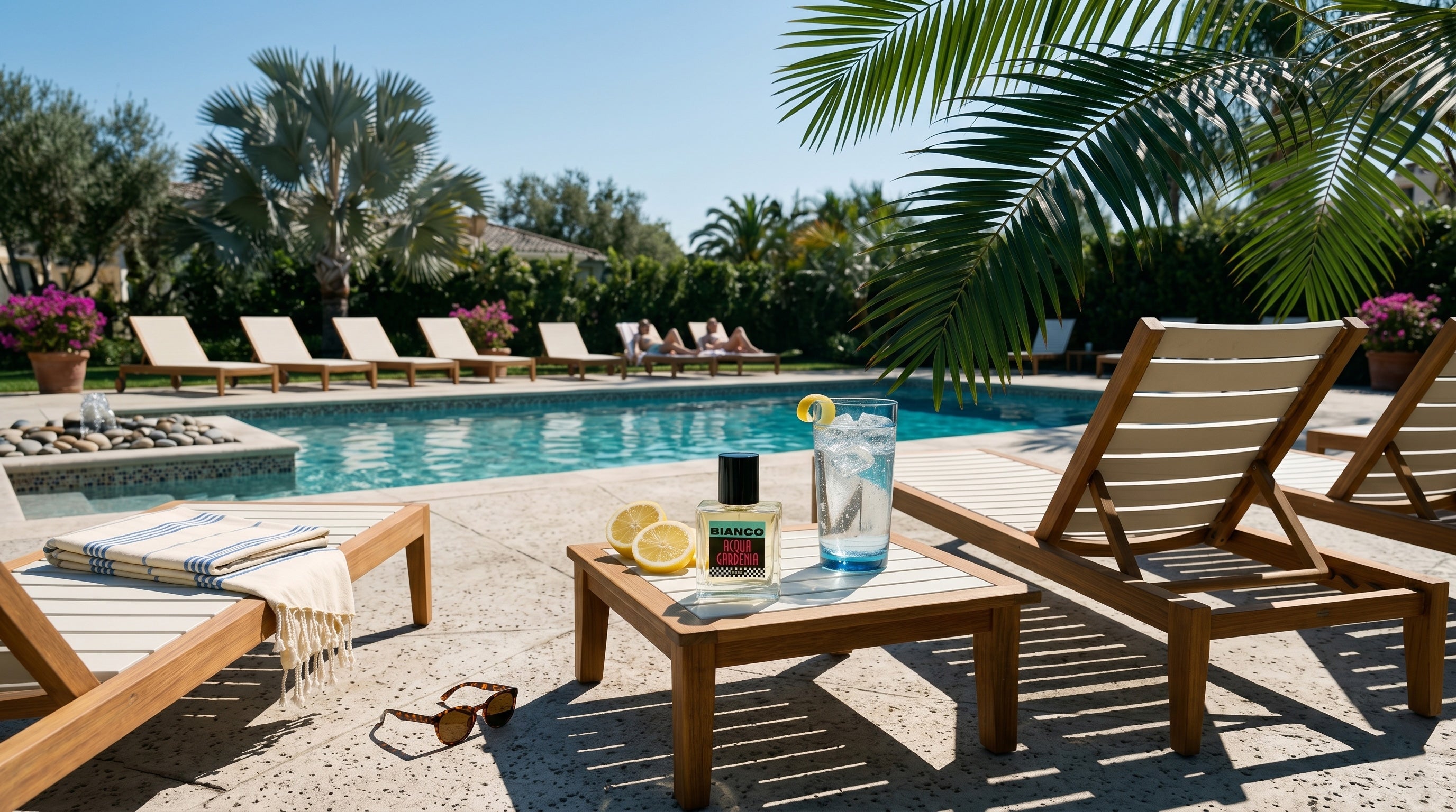 Poolside setting with lounge chairs, a table with lemon slices and a bottle of Bianco Profumo Acqua Gardenia, and palm trees in the background.