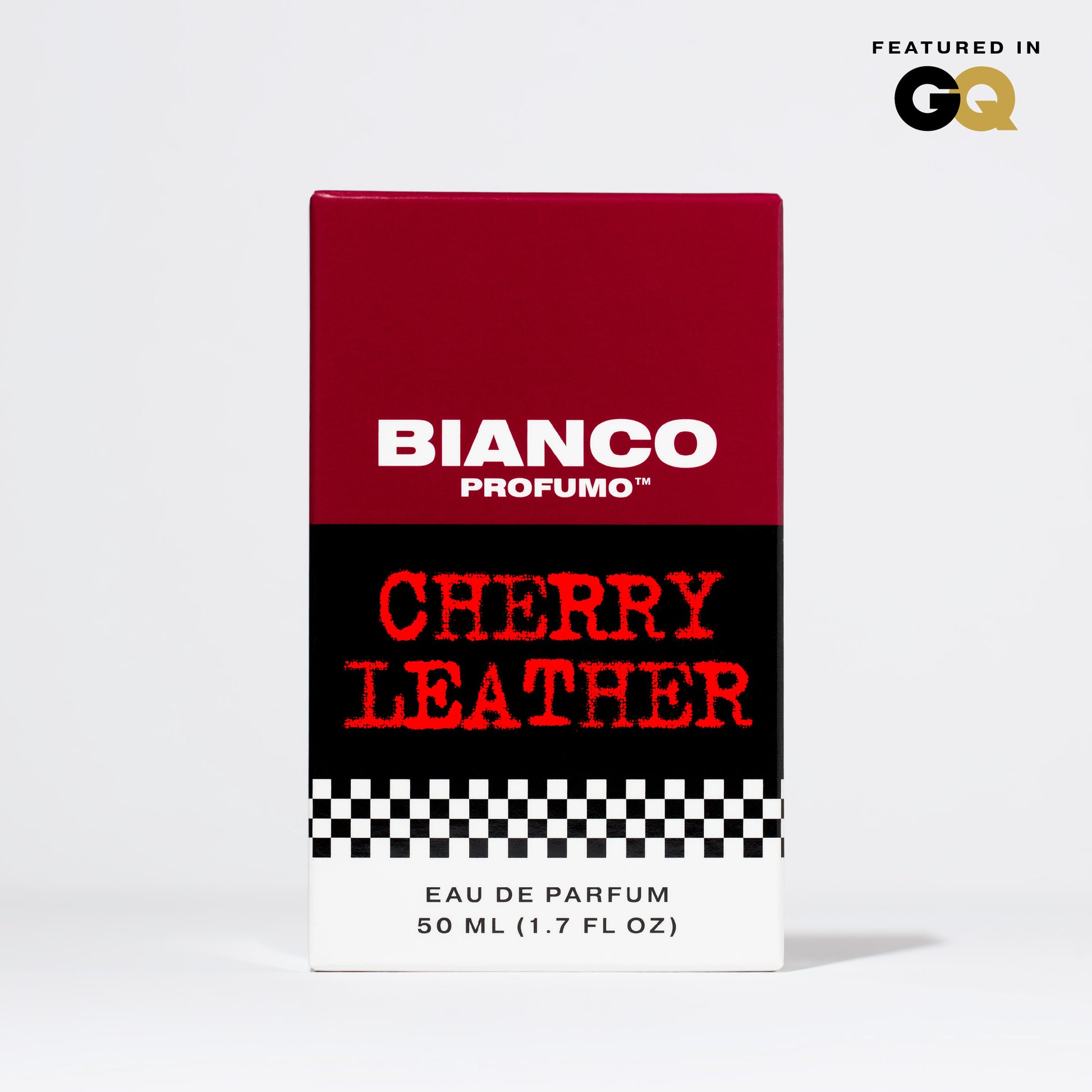 Bianco Profumo Cherry Leather with notes of Bitter Fennel, Star Anise, Black Pepper, Saffron, Ambrette Seed, Cherry, Bitter Almond, Guaiacwood, Pine Tar, Suede, Amber, Oakwood, Moss, and Musk. Box on clean white background.