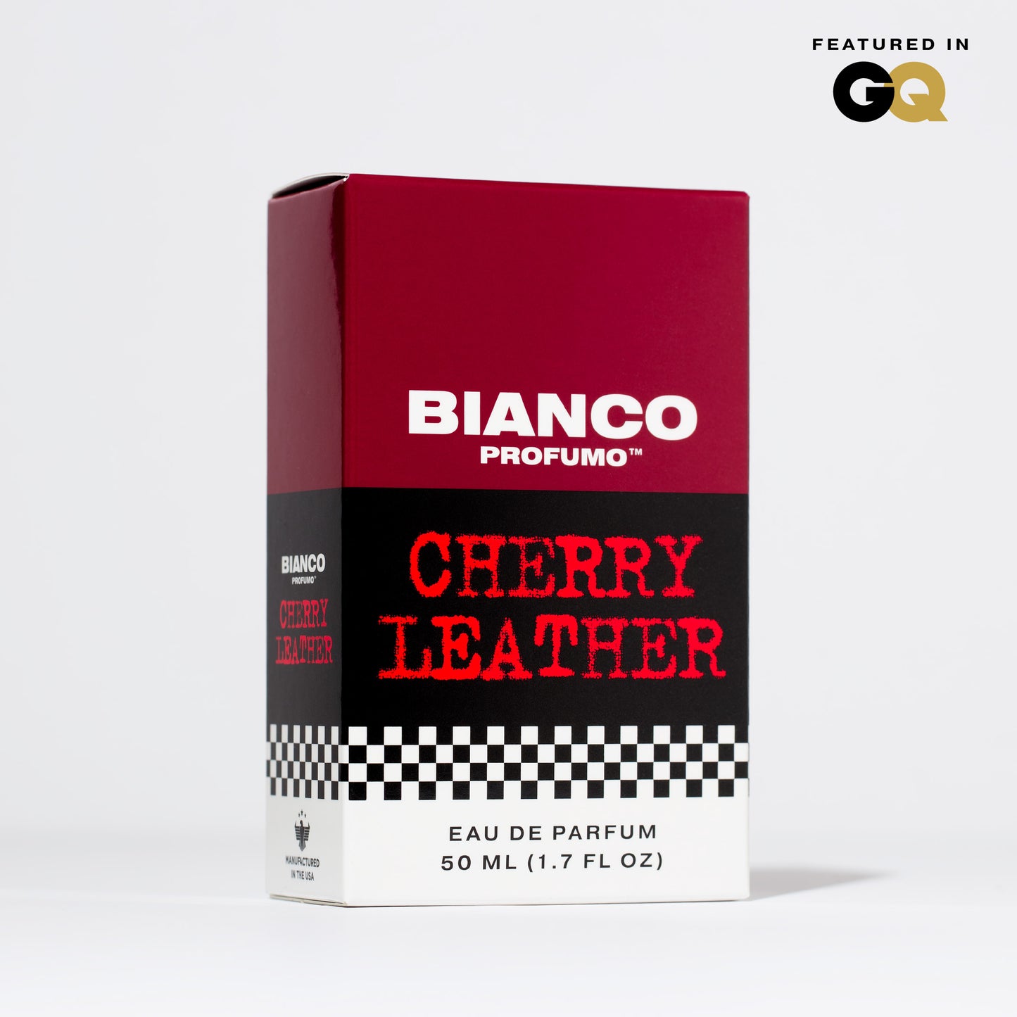 Bianco Profumo Cherry Leather with notes of Bitter Fennel, Star Anise, Black Pepper, Saffron, Ambrette Seed, Cherry, Bitter Almond, Guaiacwood, Pine Tar, Suede, Amber, Oakwood, Moss, and Musk. Box on clean white background.