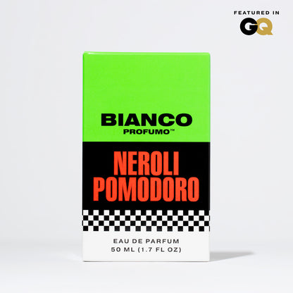 Bianco Profumo's Neroli Pomodoro featuring notes of Green Mandarin (Vert de Mandarin Orpur), Sicilian Blood Orange, Orange Blossom, Neroli, Petitgrain, Basil, Tomato Leaf, Marigold, Amber, and Musk.