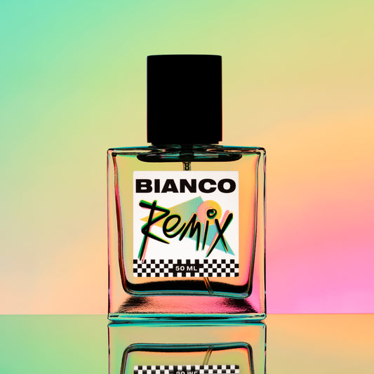 Bianco Profumo remix featuring notes of Vert de Bergamot Italy Orpur™, Vert de Mandarin Italy Orpur™, Lime Oil, Ozone, Jasmine, Spearmint, Watermelon, Oakmoss, Amber, and Musk. Bottle on a mirrored surface with a multicolored background. Aquatic citrus style fragrance.
